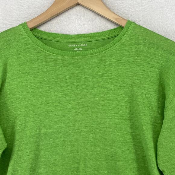 EILEEN FISHER Top S Organic Linen Slub Jersey Pocket Rib Trim 3/4 Sleeve Green - Picture 4 of 11